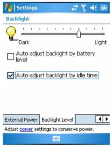 Settings Backlight Dark Light Auto-adjust backlight by battery level Auto-adjust backlight by idle time External Power Backlight Level Adjust power settings to conserve power.