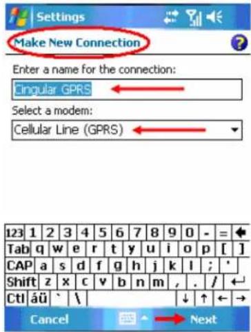 Settings Make New Connection Enter a name for the connection: Circular GPRS Select a modem: Cellular Line (GPRS)