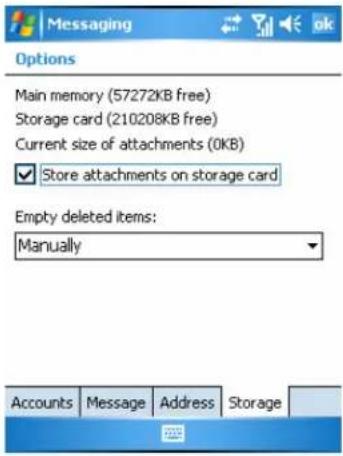 Messages Options Main memory (57272KB free) Storage card (210208KB free) Current size of attachments (0KB) ✓ Store attachments on storage card Empty deleted items: Manually Accounts Message Address Storage