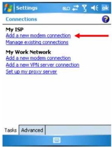 Settings Connections My ISP Add a new modem connection Manage existing connections My Work Network Add a new modem connection Add a new VPN server connection Set up my proxy server Tasks Advanced