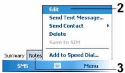 Edit Send Text Message... Send Contact Delete Save to SIM Add to Speed Dial... Summary Notes SMS Menu