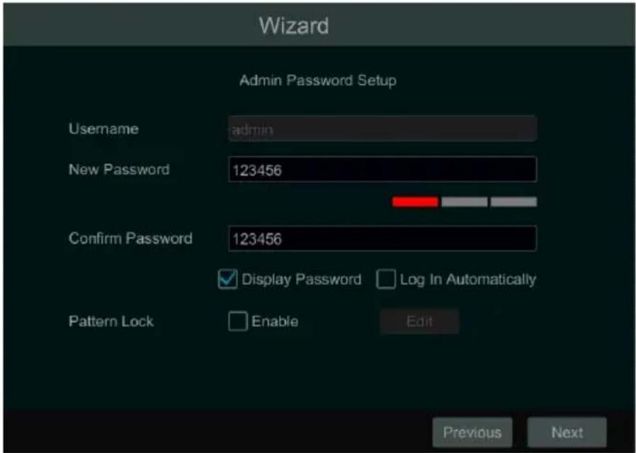 Wizard Admin Password Setup Username admin New Password 123456 Confirm Password 123456 Display Password Log In Automatically Pattern Lock Enable Edit Previous Next