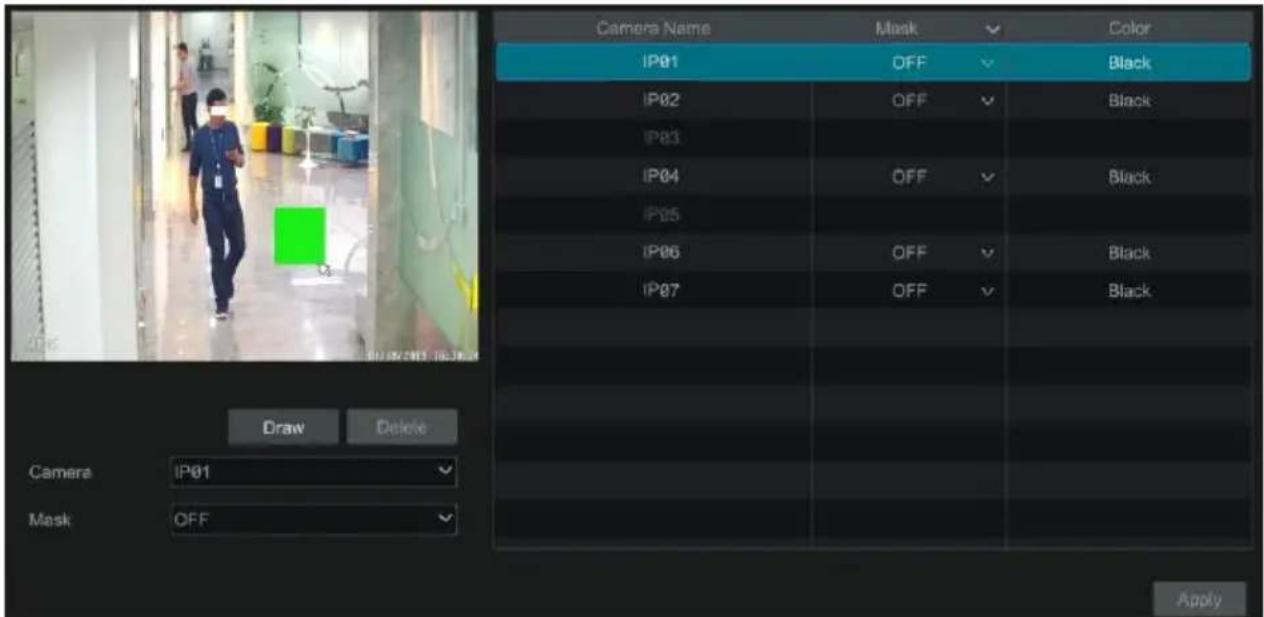 Camera Name Mask Color IP01 OFF Black IP02 OFF Black IP03 OFF Black IP04 OFF Black IP05 OFF Black IP06 OFF Black IP07 OFF Black Draw Delete Camera IP01 Mask OFF Apply