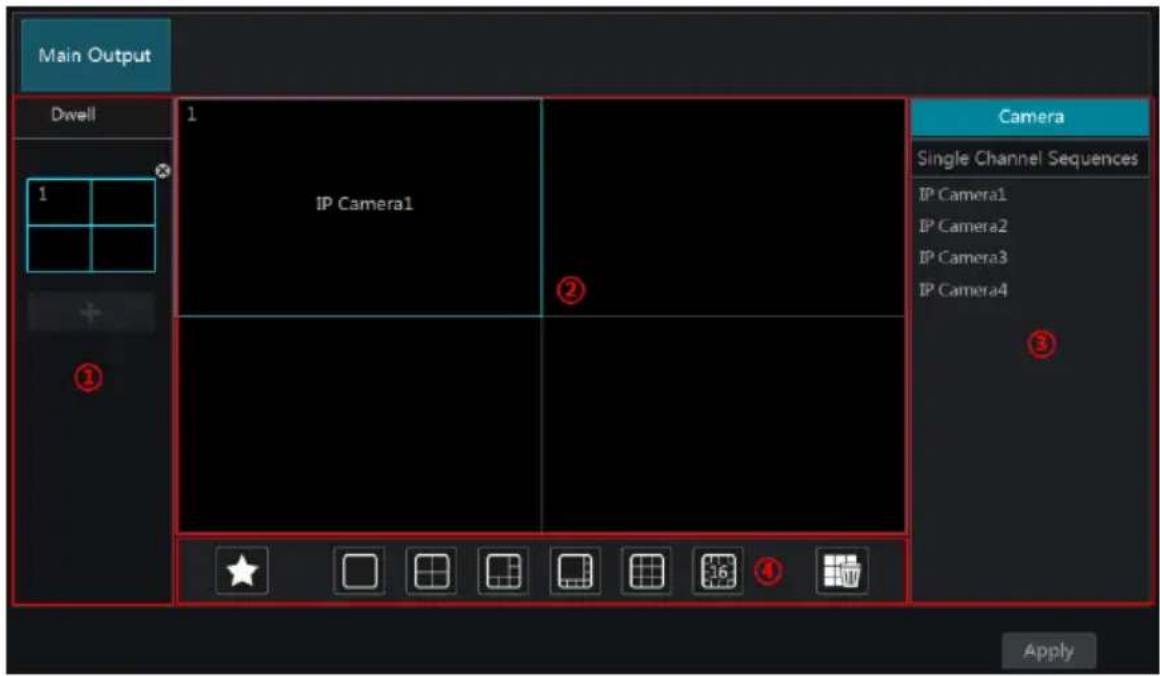 Main Output Dwell 1 IP Camera1 2 Camera Single Channel Sequences IP Camera1 IP Camera2 IP Camera3 IP Camera4 3 Apply