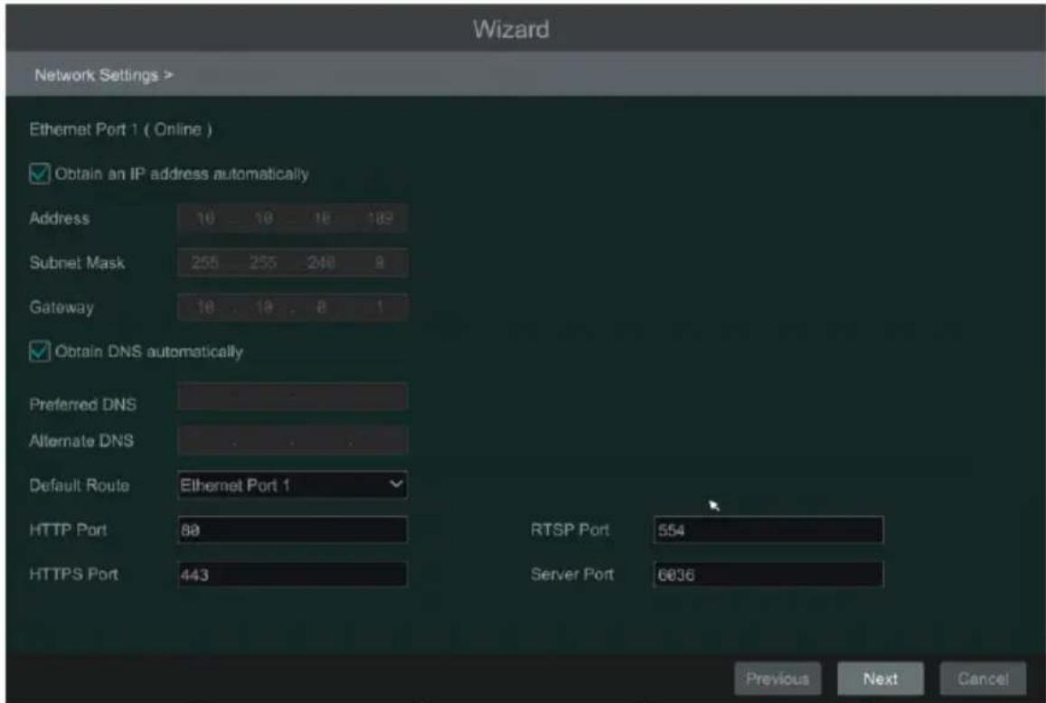 Wizard Network Settings > Ethernet Port 1 ( Online ) Obtain an IP address automatically Address 10 10 10 189 Subnet Mask 255 255 248 9 Gateway 10 10 8 1 Obtain DNS automatically Preferred DNS Alternate DNS Default Route Ethernet Port 1 HTTP Port 80 RTSP Port 554 HTTPS Port 443 Server Port 6036 Previous Next Cancel