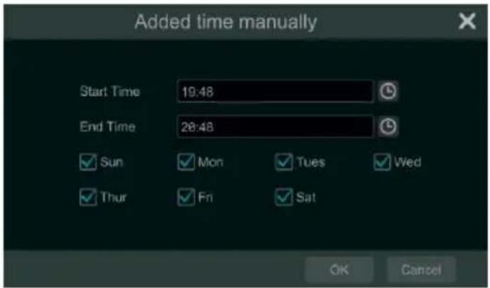 Added time manually Start Time 19:48 End Time 20:48 Sun Mon Tues Wed Thur Fri Sat OK Cancel