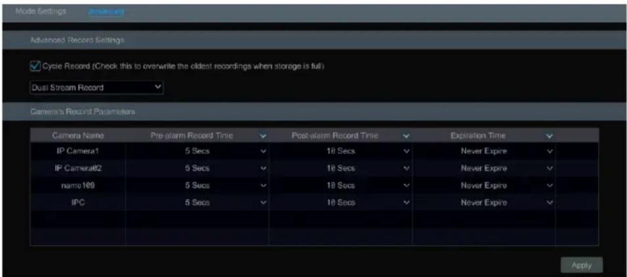 Mode Settings Advanced Record Settings ✓ Cycle Record (Check this to overwrite the oldest recordings when storage is full) Dual Stream Record Camera's Record Parameters Camera Name Pre-alarm Record Time Post-alarm Record Time Expiration Time IP Camera1 5 Secs ✓ 10 Secs ✓ Never Expre ✓ IP Camera02 5 Secs ✓ 10 Secs ✓ Never Expre ✓ namo 109 5 Secs ✓ 10 Secs ✓ Never Expre ✓ IPC 5 Secs ✓ 10 Secs ✓ Never Expre ✓ Apply