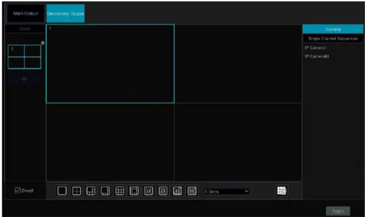 Main Output Secondary Output Dwell 1 Camera Single Channel Sequences IP Camera01 IP Camera02 Dwell 5 Secs Apply