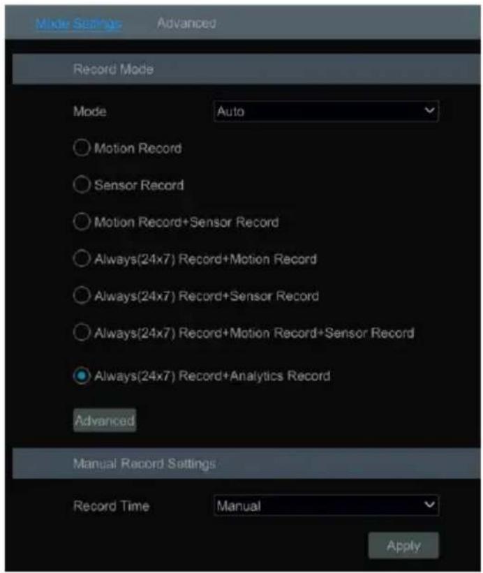Record Mode Mode Auto Motion Record Sensor Record Motion Record+Sensor Record Always(24x7) Record+Motion Record Always(24x7) Record+Sensor Record Always(24x7) Record+Motion Record+Sensor Record Always(24x7) Record+Analytics Record Advanced Manual Record Settings Record Time Manual Apply