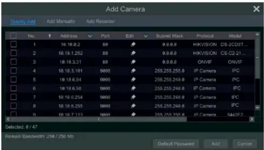 Add Camera Quickly Add Add Manually Add Recorder No. Address Port Edit Subnet Mask Protocol Model 1 10.10.9.2 88 0.0.0.0 HIKVISION DS-2CD3T... 2 10.10.1.252 88 0.0.0.0 HIKVISION CS-C2-21... 3 10.10.3.31 88 0.0.0.0_ONVIF ONVIF 4 10.10.3.101 9008 255.255.255.0.IP Camera IPC 5 10.10.6.94 9008 255.255.248.0.IP Camera IPC 6 10.10.6.98 9008 255.255.248.0.IP Camera IPC 7 10.10.6.254 9008 255.255.248.0.IP Camera IPC 8 10.10.6.255 9008 255.255.248.0.IP Camera IPC 9 10.10.7.113 9008 255.255.255.0.IP Camera 9442F2 Selected: 0 / 47 Remain Bandwidth: 258 / 256 Mb Default Password Add Cancel