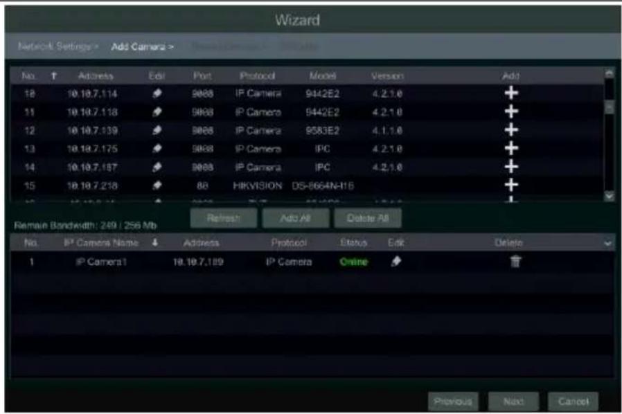 Wizard Network Settings > Add Camera > No. T Address Edit Port Protocol Model Version Add 18 10.10.7.114 9088 IP Camera 9442E2 4.2.1.0 + 11 10.10.7.118 9088 IP Camera 9442E2 4.2.1.0 + 12 10.10.7.139 9088 IP Camera 9583E2 4.1.1.0 + 13 10.10.7.175 9088 IP Camera IPC 4.2.1.0 + 14 10.10.7.167 9088 IP Camera IPC 4.2.1.0 + 15 10.10.7.218 88 HKVISION DS-8664N-116 + 16 10.10.7.224 9088 IP Camera 9583E2 4.2.1.0 + Refresh Auto All Delete All Remove Bandwidth: 249 / 256 Mb No. IP Camera Name Address Protocol Status Edit Delete 1 IP Camera 1 19.10.7.189 IP Camera Online Previous Next Cancel