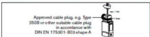 Approved cable plug, e.g. Type 2508 or other suitable cable plug in accordance with DIN EN 175901-803 shape A