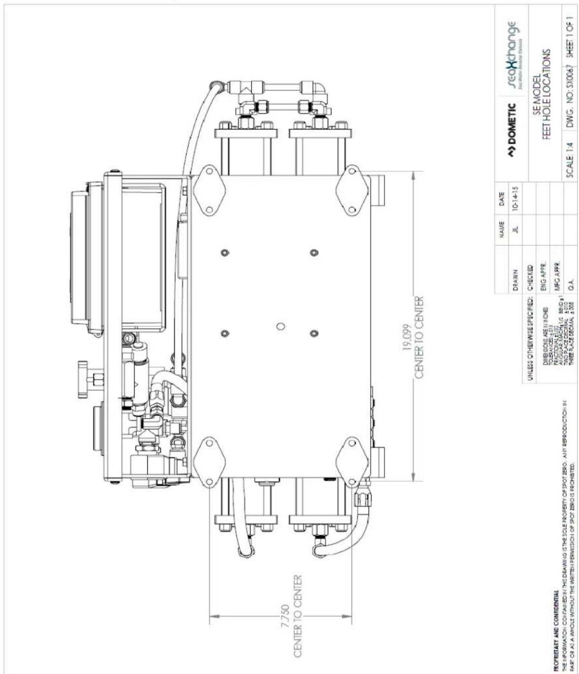 7.750 CENTER TO CENTER 19.099 CENTER TO CENTER UNLESS OTHERWISE SPECIFIED: CHECKED ENG APPR. MFG APPR. Q.A. UNLESS OTHERWISE SPECIFIED: PROPRIETARY AND CONFIDENTIAL THE INFORMATION CONTAINED IN THIS DRAWING IS THE SOLE PROPERTY OF SPOT ZERO. ANY REPRODUCTION IN PART OR AS A WHOLE WITHOUT THE WRITTEN PERMISSION OF SPOT ZERO IS PROHIBITED. NAME DATE DRAWN JL 10-14-15 UNLESS OTHERWISE SPECIFIED: CHECKED ENG APPR. MFG APPR. SCALE: 1:4 DWG. NO: SX0067 SHEET 1 OF 1 SE MODEL FEET HOLE LOCATIONS