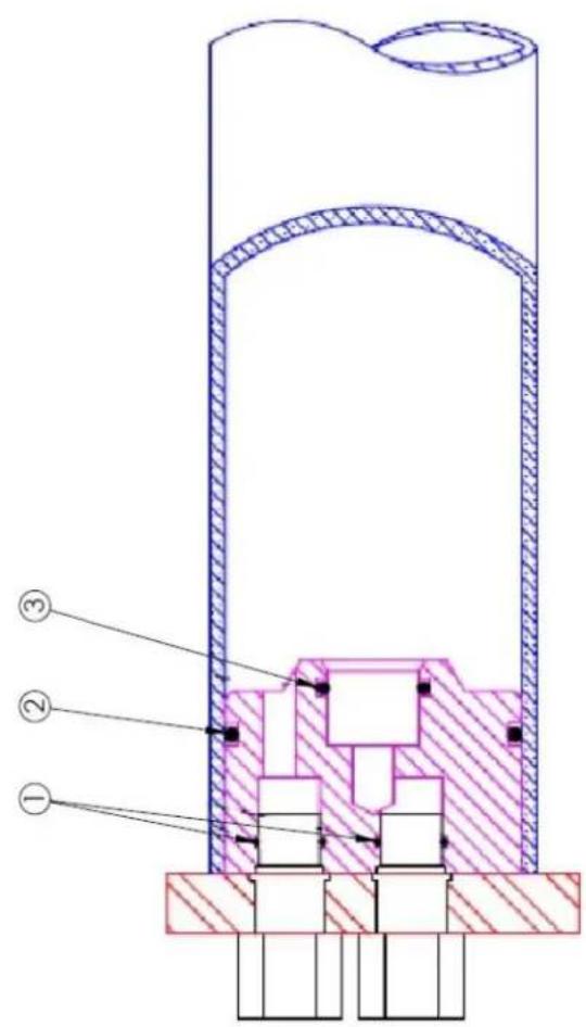 Technical diagram of a mechanical assembly with labeled components ①, ②, and ③