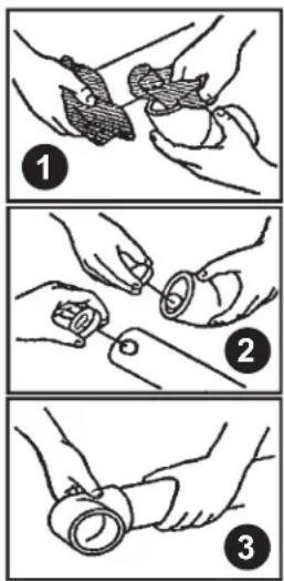 Three-step illustration showing hands using a tool to adjust a device, labeled 1, 2, and 3.