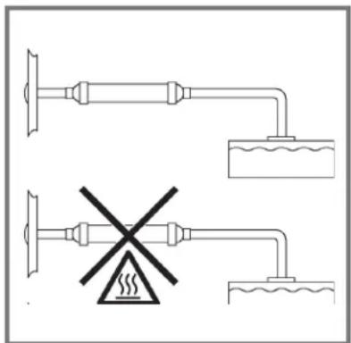 Diagram showing two electrical or fluid system setups with switches and a warning symbol indicating thermal hazard.