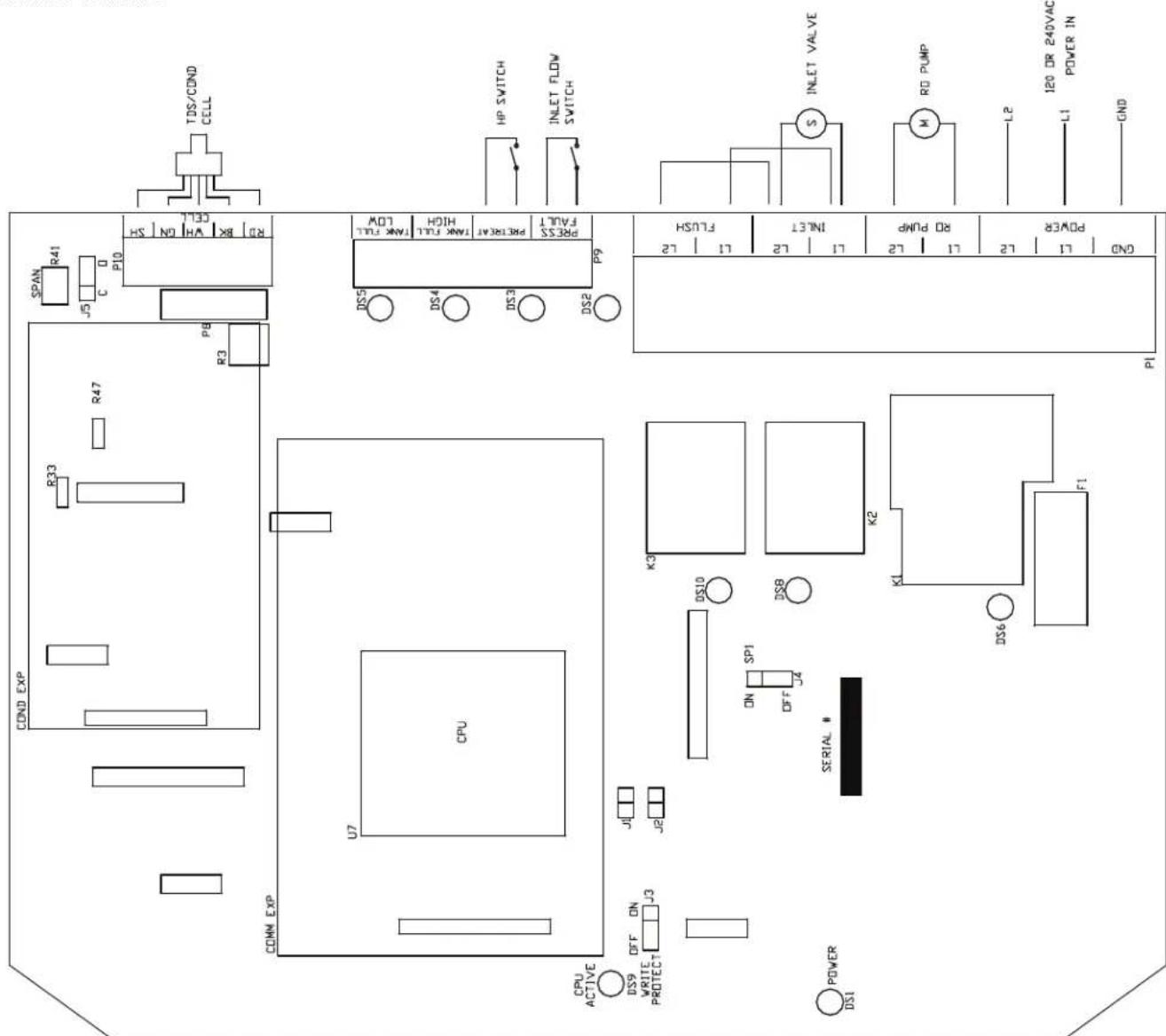 TDS/COND CELL HP SWITCH INLET FLOW SWITCH S S INLET VALVE RG PUMP L2 120 DR 240VAC POWER IN GND HD HNS NO X8 R1 K8 R10 SPAN R41 J5 C O P10 R3 R47 R33 CDND EXP CPU U7 COMN EXP CPU ACTIVE DS9 WRITE PROTECT OFF DN J3 SP1 OFF J4 SERIAL # J1 J2 DS6 DS8 DS10 DS2 DS3 DS4 DS5 M01 HDIH INTU XNW1 INTU XNW1 INTU XNW1 INTU XNW1 INTU XNW1 INTU XNW1 INTU XNW1 INTU XNW1 INTU XNW1 INTU XNW1 INTU XNW1 INTU XNW1 INTU XNW1 INTU XNW1 INTU XNW1 INTU XNW1 INTU XNW1 INTU Z7 INTI INTD P0WpD 08 POWEER P1