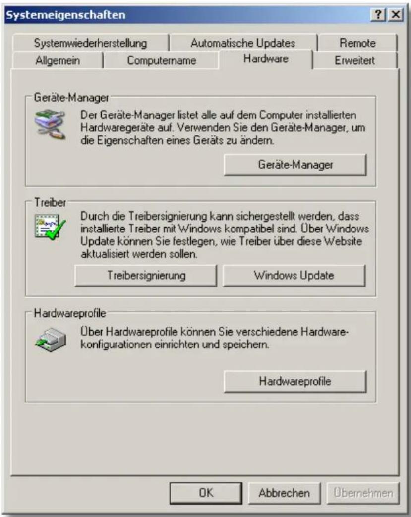 Systemeigenschaften Systemwiederherstellung Automatische Updates Remote Allgemein Computername Hardware Erweitert Geräte-Manager Der Geräte-Manager listet alle auf dem Computer installierten Hardwaregeräte auf. Verwenden Sie den Geräte-Manager, um die Eigenschaften eines Geräts zu ändern. Geräte-Man…