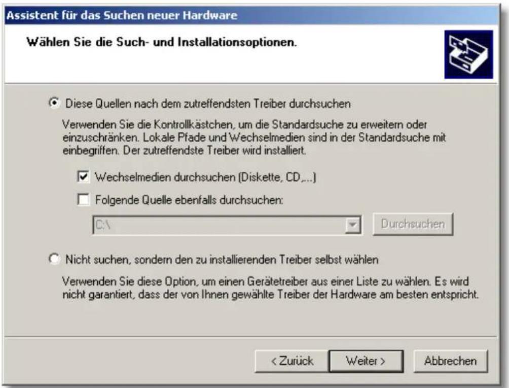 Assistent für das Suchen neuer Hardware Wählen Sie die Such- und Installationsoptionen. Diese Quellen nach dem zutreffendsten Treiber durchsuchen Verwenden Sie die Kontrollkästchen, um die Standardsuche zu erweitern oder einzuschränken. Lokale Pfade und Wechselmedien sind in der Standardsuche mit ei…