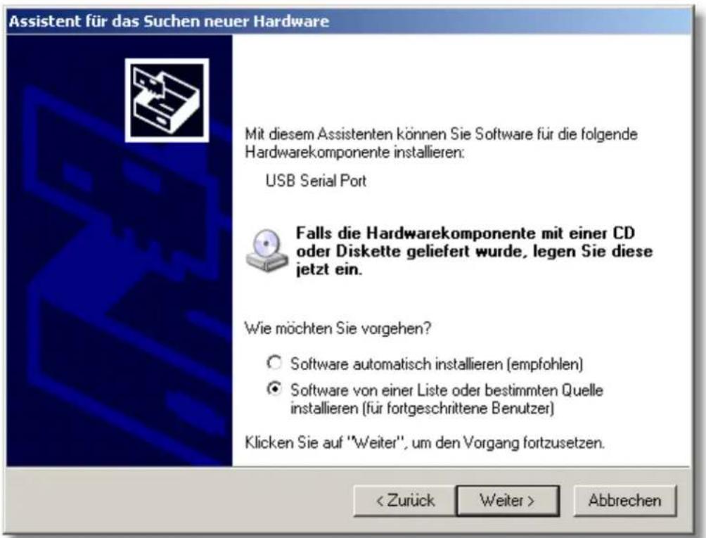Assistent für das Suchen neuer Hardware Mit diesem Assistenten können Sie Software für die folgende Hardwarekomponente installieren: USB Serial Port Falls die Hardwarekomponente mit einer CD oder Diskette geliefert wurde, legen Sie diese jetzt ein. Wie möchten Sie vorgehen? ○ Software automatisch in…