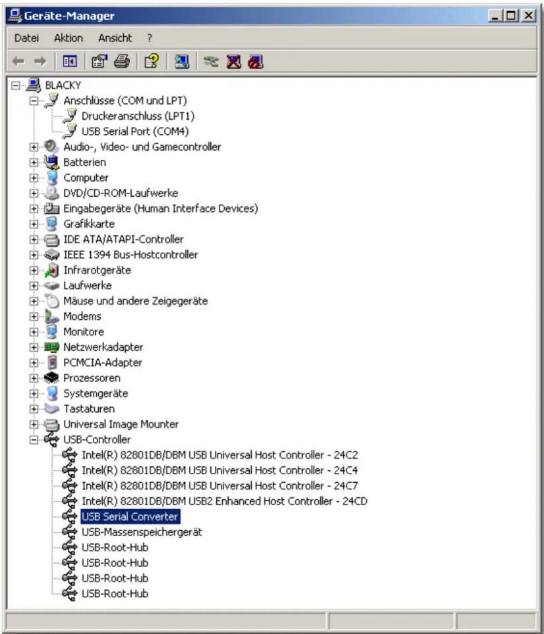Geräte-Manager Datei Aktion Ansicht ? BLACKY Anschlüsse (COM und LPT) Druckeranschluss (LPT1) USB Serial Port (COM4) Audio-, Video- und Gamecontroller Batterien Computer DVD/CD-ROM-Laufwerke Eingabegeräte (Human Interface Devices) Grafikkarte IDE ATA/ATAPI-Controller IEEE 1394 Bus-Hostcontroller Inf…