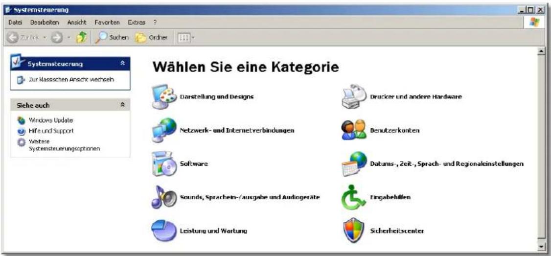 Systemsteuerung Zur klassischen Ansicht wechselh Siehe auch Windows Update Hilfe und Support Weitere Systemsteuerungssoptionen Wählen Sie eine Kategorie Darstellung und Designs Drucker und andere Hardware Netzwerk- und Internetverbindungen Denutzerkonten Software Datums-, Zeit-, Sprach- und Regional…