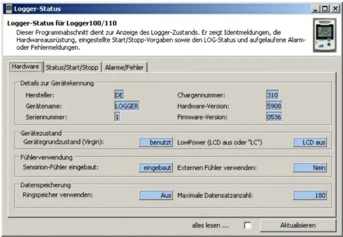 Logger-Status für Logger100/110 Dieser Programmabschnitt dient zur Anzeige des Logger-Zustands. Er zeigt Identmeldungen, die Hardwareausrüstung, eingestellte Start/Stopp-Vorgaben sowie den LOG-Status und aufgelaufene Alarm- oder Fehlermeldungen. Hardware | Status/Start/Stopp | Alarme/Fehler | Detail…