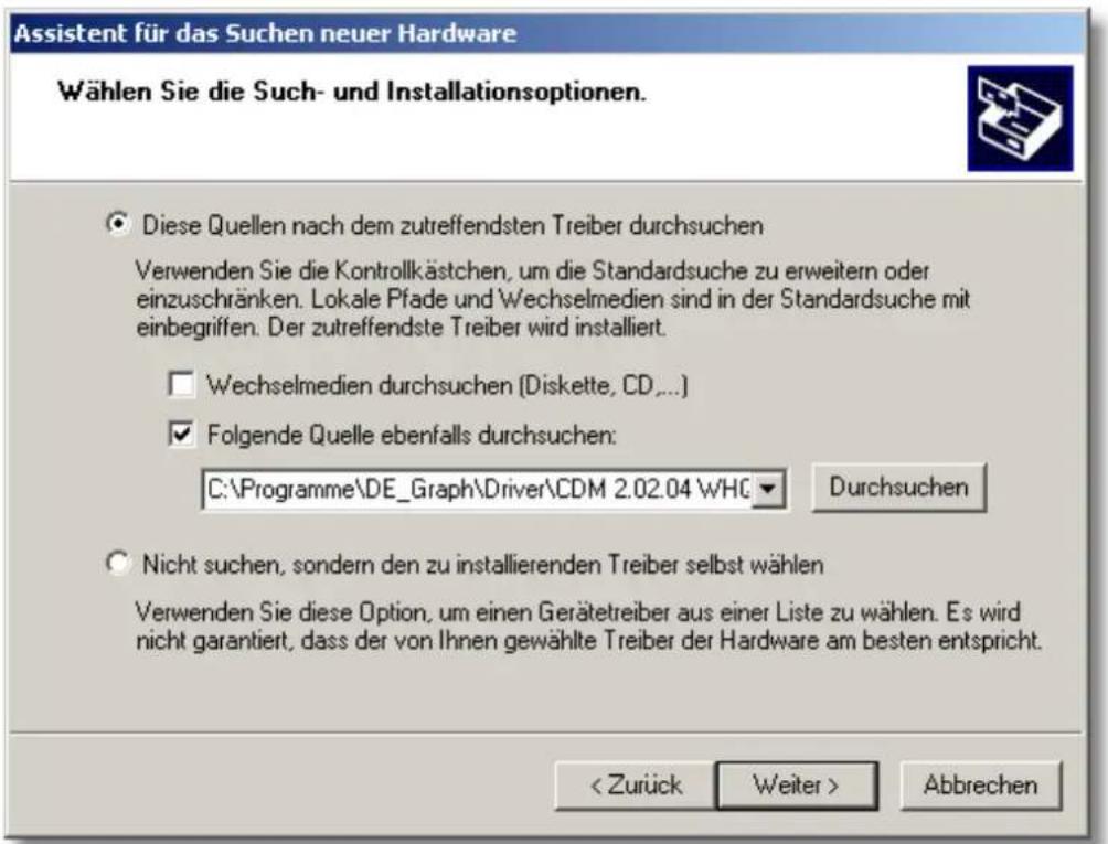 Assistent für das Suchen neuer Hardware Wählen Sie die Such- und Installationsoptionen. Diese Quellen nach dem zutreffendsten Treiber durchsuchen Verwenden Sie die Kontrollkästchen, um die Standardsuche zu erweitern oder einzuschränken. Lokale Pfade und Wechselmedien sind in der Standardsuche mit ei…