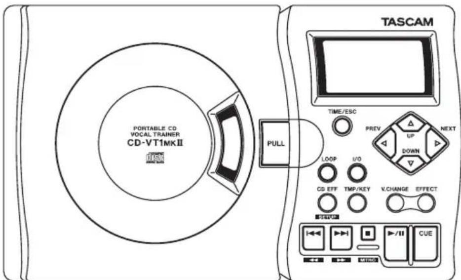 PORTABLE CD VOCAL TRAINER CD-VT1MKII JSSC PULL TASCAM TIME/ESC PREV UP NEXT DOWN LOOP I/O CD EFF TMP/KEY V.CHANGE EFFECT START CUE /II MINDO
