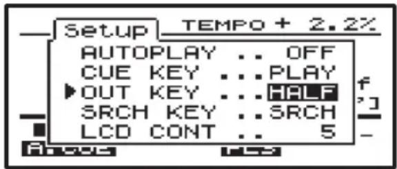 Setup TEMPO + 2.2% AUTOPLAY .. OFF CUE KEY .. PLAY ▶ OUT KEY .. HALF SRCH KEY .. SRCH LCD CONT .. 5