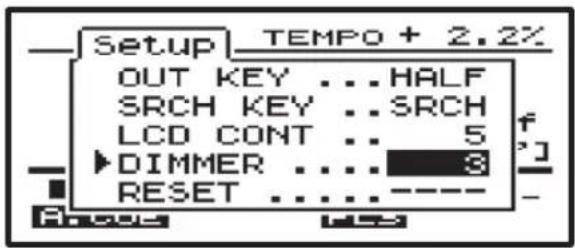 Setup TEMPO + 2.2% OUT KEY ... HALF SRCH KEY .. SRCH LCD CONT .. 5 DIMMER .... 8 RESET .... Analog