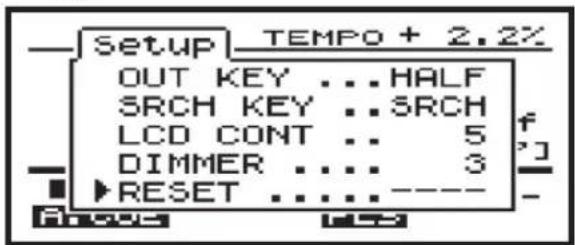 Setup TEMPO + 2.2% OUT KEY ... HALF SRCH KEY ... SRCH LCD CONT .. 5 DIMMER .... 3 RESET .... Analog