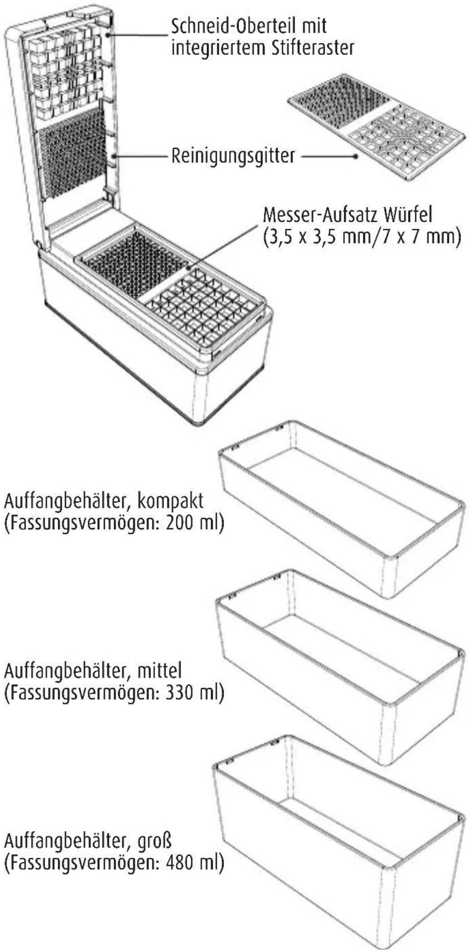 Schneid-Oberteil mit integriertem Stifteraster Reinigungsgitter Messer-Aufsatz Würfel (3,5 x 3,5 mm/7 x 7 mm) Auffangbehälter, kompakt (Fassungsvermögen: 200 ml) Auffangbehälter, mittel (Fassungsvermögen: 330 ml) Auffangbehälter, groß (Fassungsvermögen: 480 ml)
