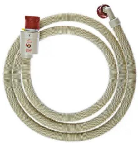 Coiled industrial hose with red valve and label (no readable text or symbols)