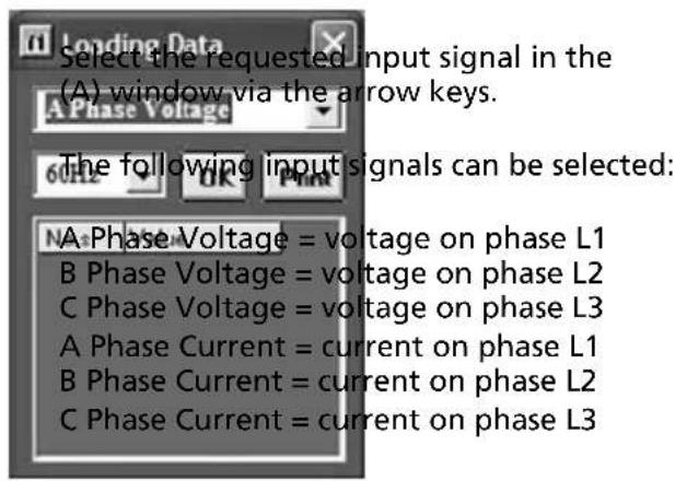 Select the requested input signal in the (A) window via the arrow keys. The following input signals can be selected: A Phase Voltage = voltage on phase L1 B Phase Voltage = voltage on phase L2 C Phase Voltage = voltage on phase L3 A Phase Current = current on phase L1 B Phase Current = current on ph…