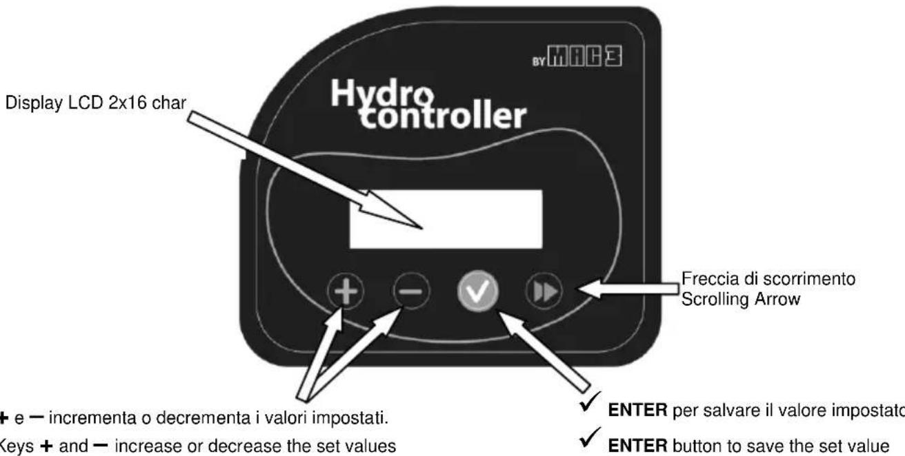 Display LCD 2x16 char Hydro controller BY MOC3 Freccia di scorrimento Scrolling Arrow + e — incrementa o decrementa i valori impostati. Keys + and — increase or decrease the set values ✓ ENTER per salvare il valore impostato ✓ ENTER button to save the set value