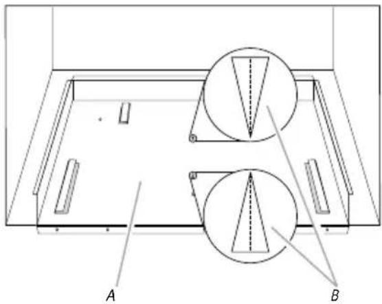 Technical diagram showing a mechanical assembly with labeled components A and B, including circular features and alignment indicators.