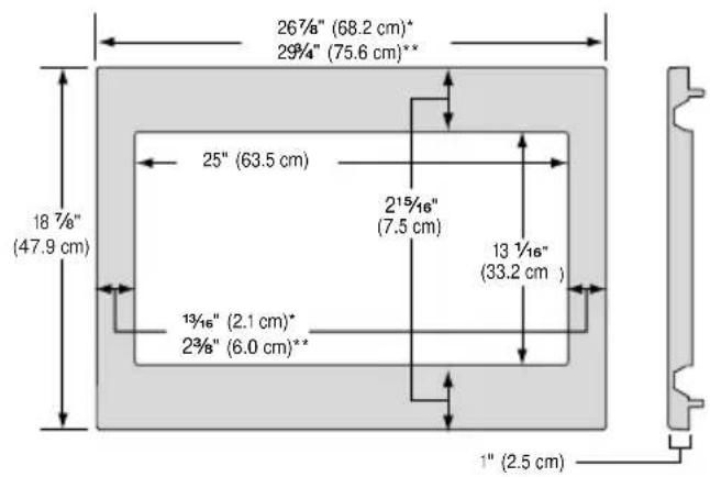 267/8" (68.2 cm)* 293/4" (75.6 cm)** 25" (63.5 cm) 18 7/8" (47.9 cm) 215/16" (7.5 cm) 13 1/16" (33.2 cm ) 13 1/16" (2.1 cm)* 23/8" (6.0 cm)** 1" (2.5 cm)