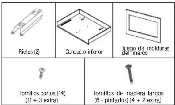 Rieles (2) Conducto inferior Juego de molduras del marco Tornillos cortos (14) (11 + 3 extra) Tornillos de madera largos (6 - pintados) (4 + 2 extra)