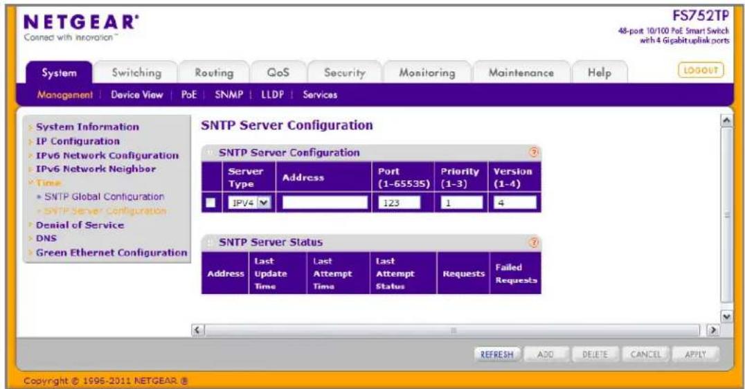 NETGEAR® Connect with innovation™ FS752TP 48-port 10/100 PoE Smart Switch with 4 Gigabit uplink ports System Switching Routing QoS Security Monitoring Maintenance Help MANAGEMENT | Device View | PoE | SNMP | LLDP | Services SNTP Server Configuration SNTP Server Configuration Server Type Address Port (1-65535) Priority (1-3) Version (1-4) IPV4 SNTP Global Configuration 123 1 4 SNTP Server Configuration Denial of Service DNS Green Ethernet Configuration SNTP Server Status Address Last Update Last Attempt Last Attempt Requests Failed Requests Time SNTP Global Configuration SNTP Server Configuration DNS SNTP Server Configuration SNTP Server Configuration SNTP Server Configuration SNTP Server Configuration SNTP Server Configuration SNTP Server Configuration SNTP Server Configuration SNTP Server Configuration SNTP Server Configuration SNTP Server Configuration SNTP Server Configuration SNTP Server Configuration SNTP Server Configuration SNTP Server Configuration SNTP Server Configuration SNTP Server Configuration SNTP Server Configuration SNTP Server Configuration SNTP Server Configuration SNTP Server Configuration SNTP Server Classification SNTP Server Classification SNTP Server Classification SNTP Server Classification SNTP Server Classification SNTP Server Classification SNTP Server Classification SNTP Server Classification SNTP Server Classification SNTP Server Classification SNTP Server Classification SNTP Server Classification SNTP Server Classification SNTP Server Classification SNTP Server Classification SNTP Server Classification SNTP Server Classification SNTP Server Classification SNTP Server Classification SNTP Server Classification SNTP Server Certification