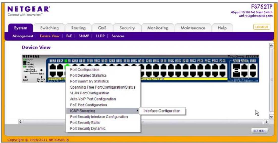 NETGEAR Connect with innovation™ FS752TP 48-port 10/160 PoE Smart Switch with 4 Gigabit uplink ports System Switching Routing QoS Security Monitoring Maintenance Help LOGOUT Management | Device View | PoE | SNMP | LLDP | Services Device View Port Configuration Port Detailed Statistics Port Summary Statistics Spanning Tree Port Configuration/Status VLAN Port Configuration Auto-VoIP Port Configuration PoE Port Configuration IGMP Snooping Interface Configuration Port Security Interface Configuration Port Security Static Port Security Dynamic PROSAFE FS752TP Copyright © 1996-2011 NETGEAR ©
