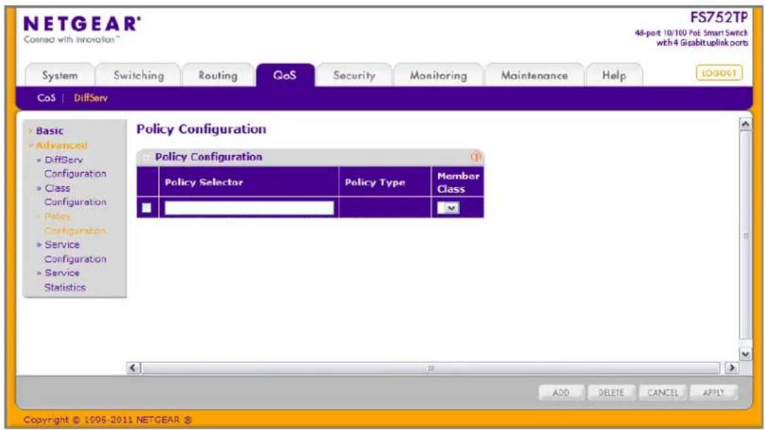 NETGEAR® FS752TP 48-port 10/100 PoE Smart Switch with 4 Gigabituplink ports CoS | DiffServ Policy Configuration Policy Configuration Policy Selector Policy Type Member Class Basic Advanced DiffServ Configuration Class Configuration Policy Configuration Service Configuration Service Statistics ADD DELETE CANCEL APPLY Copyright © 1995-2011 NETGEAR ®
