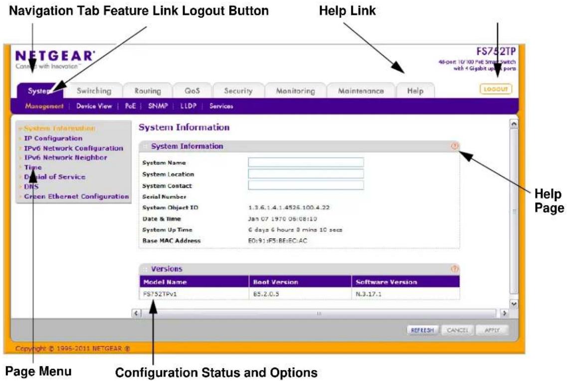 Navigation Tab Feature Link Logout Button Help Link NETGEAR® Cannot with Inovaion™ FS752TP 48-port 10/100 Port Smart Switch with 4 Gigabit up/6 ports System Switching Routing QoS Security Monitoring Maintenance Help LOGOUT Management | Device View | PoE | SNMP | LLDP | Services System Information System Information System Name System Location System Contact Serial Number System Object ID 1.3.6.1.4.1.4526.100.4.22 Date & Time Jan 07 1970 08:08:10 System Up Time 6 days 6 hours 3 mins 10 secs Base MAC Address E0:91:F5:BE:EC:AC Help Page Versions Model Name Boot Version Software Version FS752TPv1 B5.2.0.5 N.3.17.1 Copyright © 1995-2011 NETGEAR ® Page Menu Configuration Status and Options