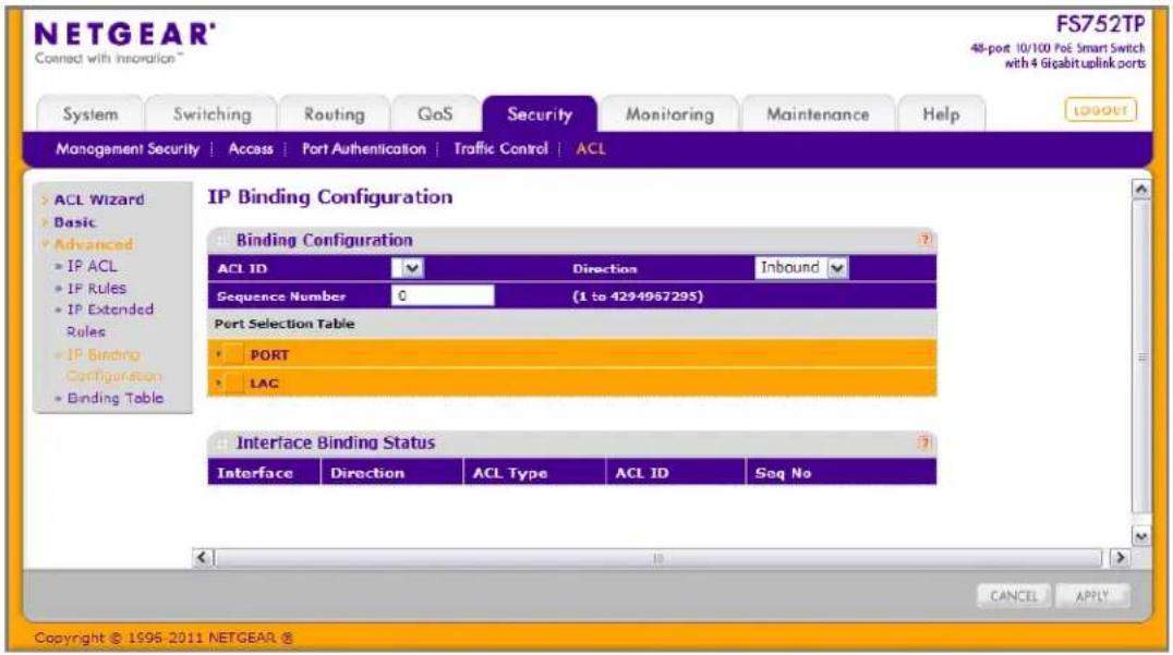 NETGEAR® Coemed with Innovation™ FS752TP 48-post 10/100 PoE Smart Switch with 4 Gigabituplink ports System Switching Routing GoS Security Monitoring Maintenance Help MANAGEMENT SECURITY Access Port Authentication Traffic Control ACL ACL Wizard Basic Advanced IP ACL IP Rules IP Extended Rules IP Binding Configuration Binding Table IP Binding Configuration Binding Configuration ACL ID Direction Inbound Sequence Number 0 (1 to 4294957295) Port Selection Table PORT LAG Interface Binding Status Interface Direction ACL Type ACL ID Seq No CANCEL APPLY Copyright © 1996-2011 NETGEAR ®