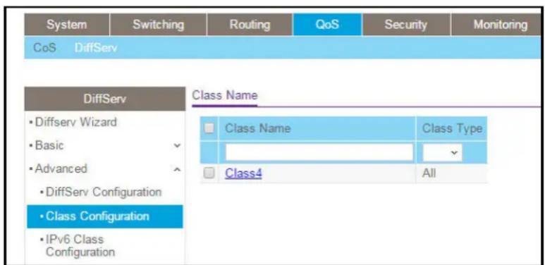 System Switching Routing QoS Security Monitoring CoS DiffServ DiffServ Class Name • Diffserv Wizard • Basic • Advanced • DiffServ Configuration • Class Configuration • IPv6 Class Configuration Class Name Class Type Class4 All