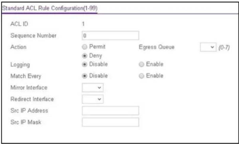 Standard ACL Rule Configuration(1-99) ACL ID 1 Sequence Number 0 Action ○ Permit Egress Queue ▽ (0-7) ● Deny Logging ○ Disable ○ Enable Match Every ○ Disable ○ Enable Mirror Interface ▼ Redirect Interface ▼ Src IP Address Src IP Mask ↓