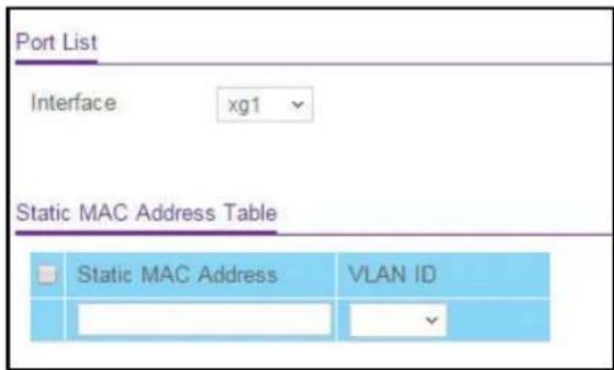 Port List Interface xg1 Static MAC Address Table Static MAC Address VLAN ID