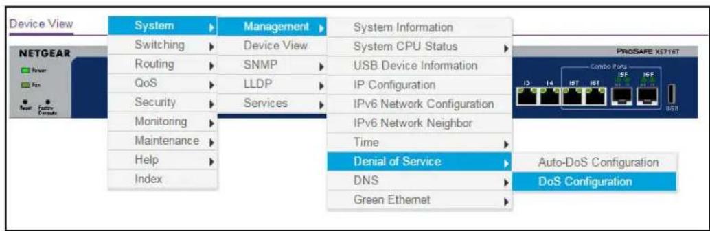 Device View NETGEAR Power Fan Power Supply Details System Switching Routing QoS Security Monitoring Maintenance Help Index Management Device View SNMP LLDP Services System Information System CPU Status USB Device Information IP Configuration IPv6 Network Configuration IPv6 Network Neighbor Time Denial of Service DNS Green Ethernet Auto-DoS Configuration DoS Configuration