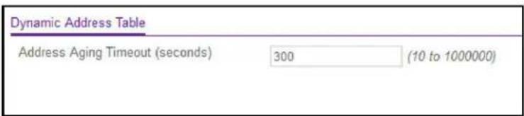 Dynamic Address Table Address Aging Timeout (seconds) 300 (10 to 1000000)