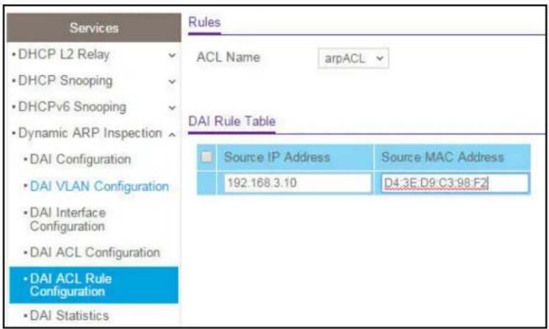 Services • DHCP L2 Relay • DHCP Snooping • DHCPv6 Snooping • Dynamic ARP Inspection • DAI Configuration • DAI VLAN Configuration • DAI Interface Configuration • DAI ACL Configuration • DAI ACL Rule Configuration • DAI Statistics Rules ACL Name arpACL DAI Rule Table Source IP Address Source MAC Address 192.168.3.10 D4:3E:D9:C3:98:F2l